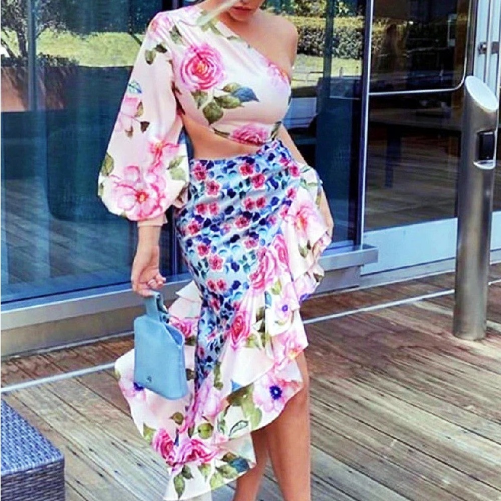 Two piece silken floral set in bright pink with blue accents